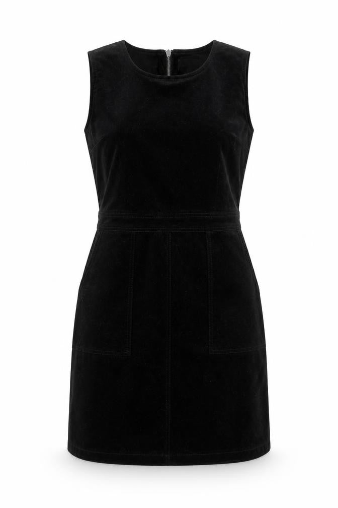 Front view of Warehouse women’s black cotton a-line, size UK 12, round neck zip
