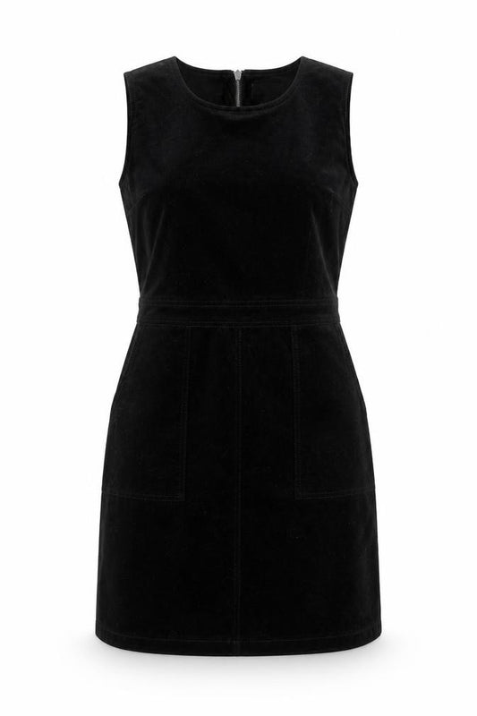 Front view of Warehouse women’s black cotton a-line, size UK 12, round neck zip