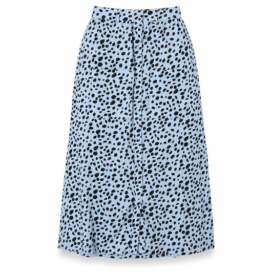 Front view of Wednesday's Girl women’s blue geometric polyester a-line skirt, size XS, button