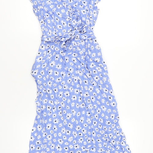 &et Womens Blue Floral Viscose A-Line Size 8 V-Neck Button