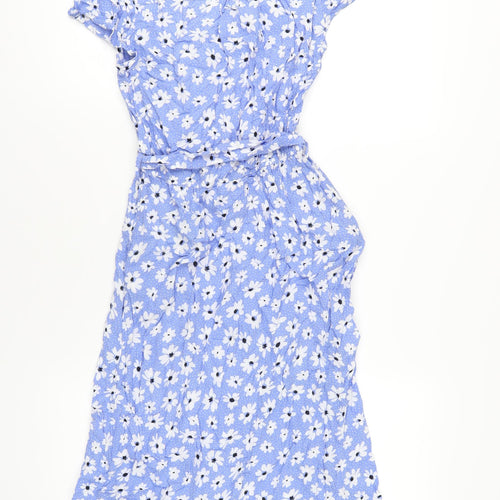 &et Womens Blue Floral Viscose A-Line Size 8 V-Neck Button