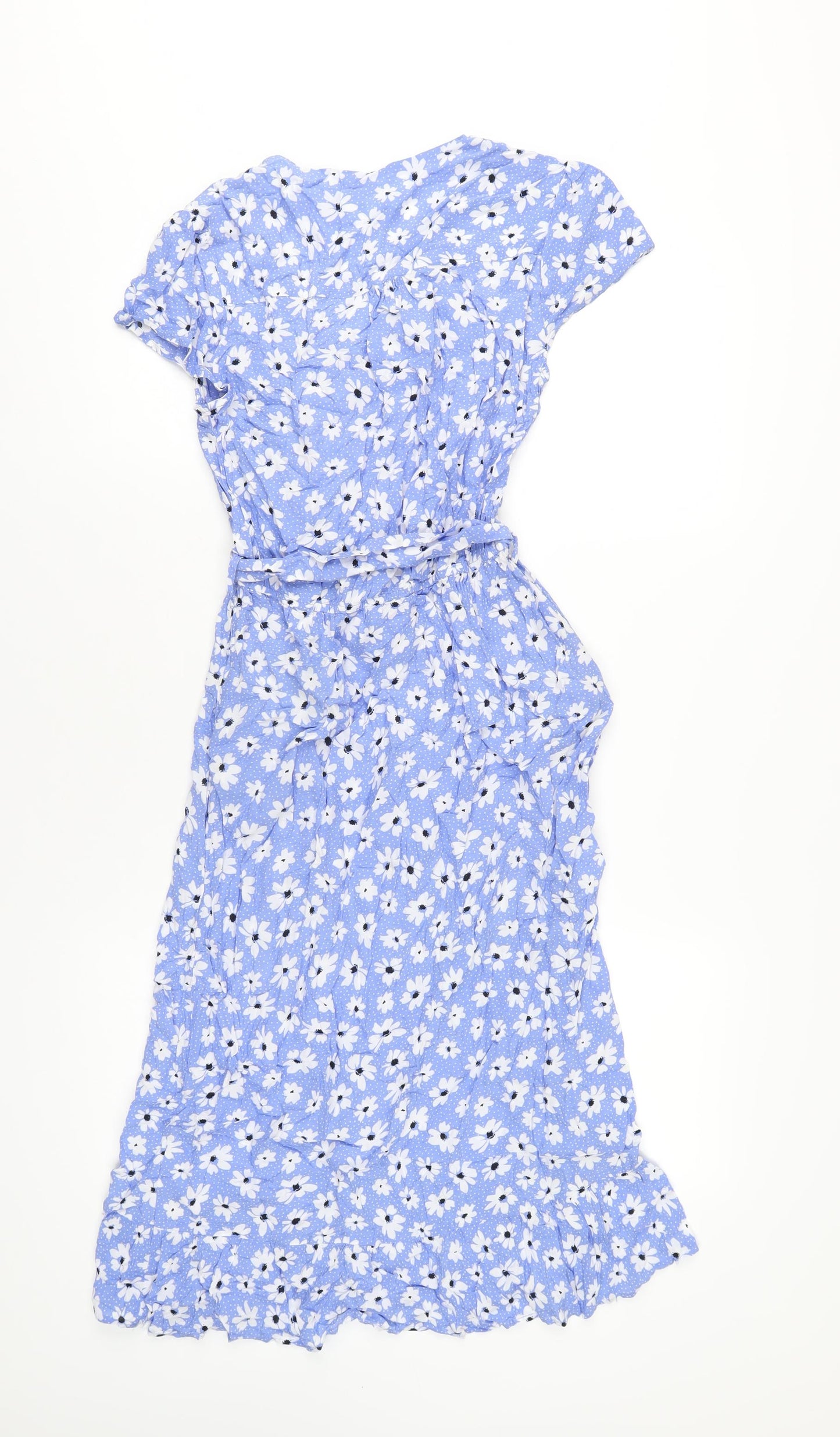 &et Womens Blue Floral Viscose A-Line Size 8 V-Neck Button