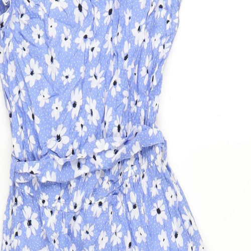 &et Womens Blue Floral Viscose A-Line Size 8 V-Neck Button