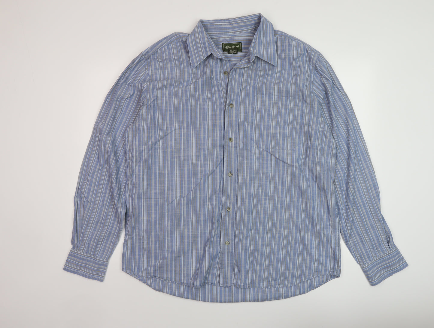 Eddie Bauer Mens Blue Striped Cotton Button-Up Size L Collared Button