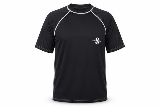 Front view of Scubapro men’s black polyester basic t-shirt, size S, mock neck pullover