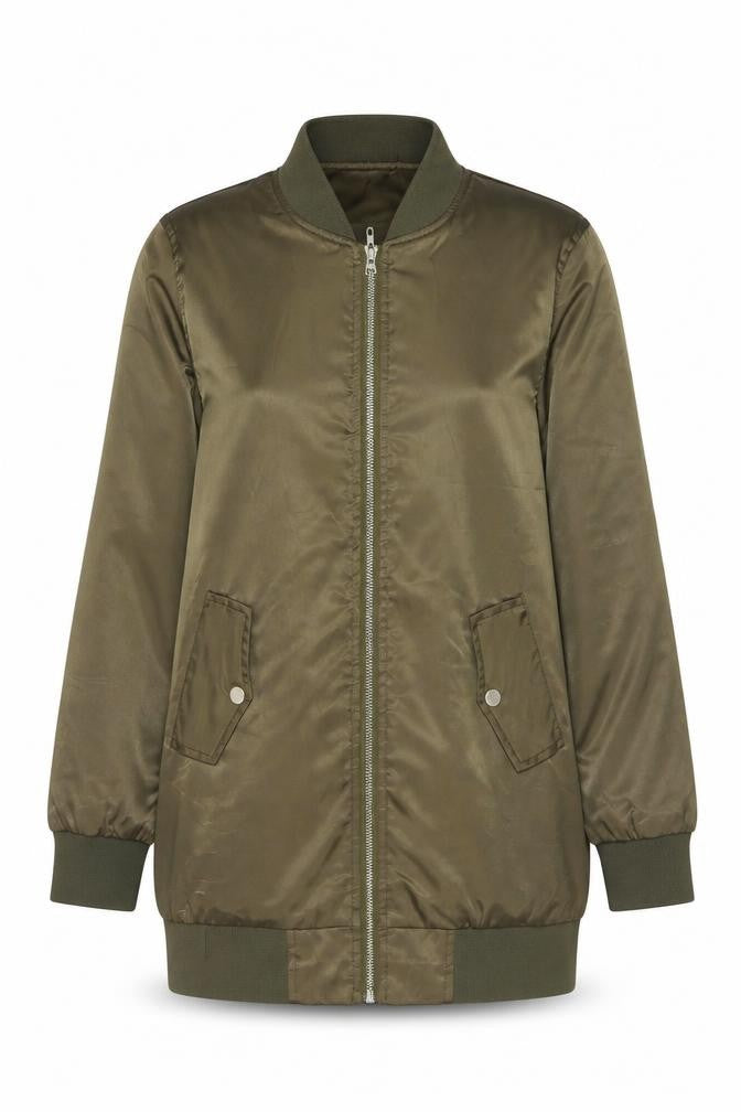 Front view of The Editors Market women’s green bomber jacket jacket, size S, zip
