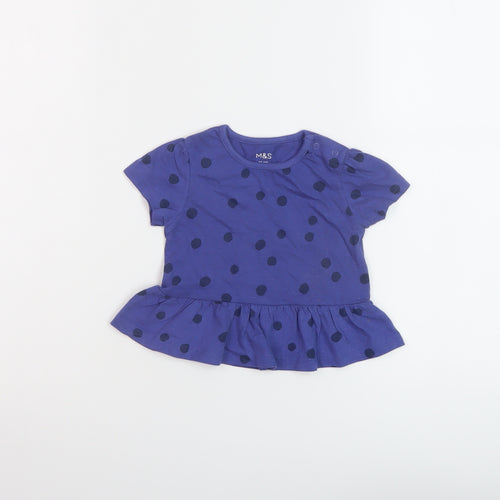 Marks and Spencer Girls Black Polka Dot Cotton Basic T-Shirt Size 6-9 Months Crew Neck Snap