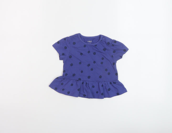 Marks and Spencer Girls Black Polka Dot Cotton Basic T-Shirt Size 6-9 Months Crew Neck Snap