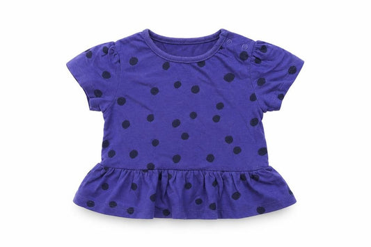 Front view of Marks & Spencer girls’ black polka dot cotton basic t-shirt, size 6-9, months crew neck snap