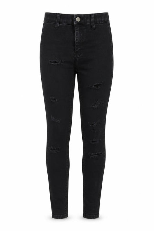Front view of Topshop women’s black cotton skinny jeans, size UK 24, in, 27-inch leg regular button