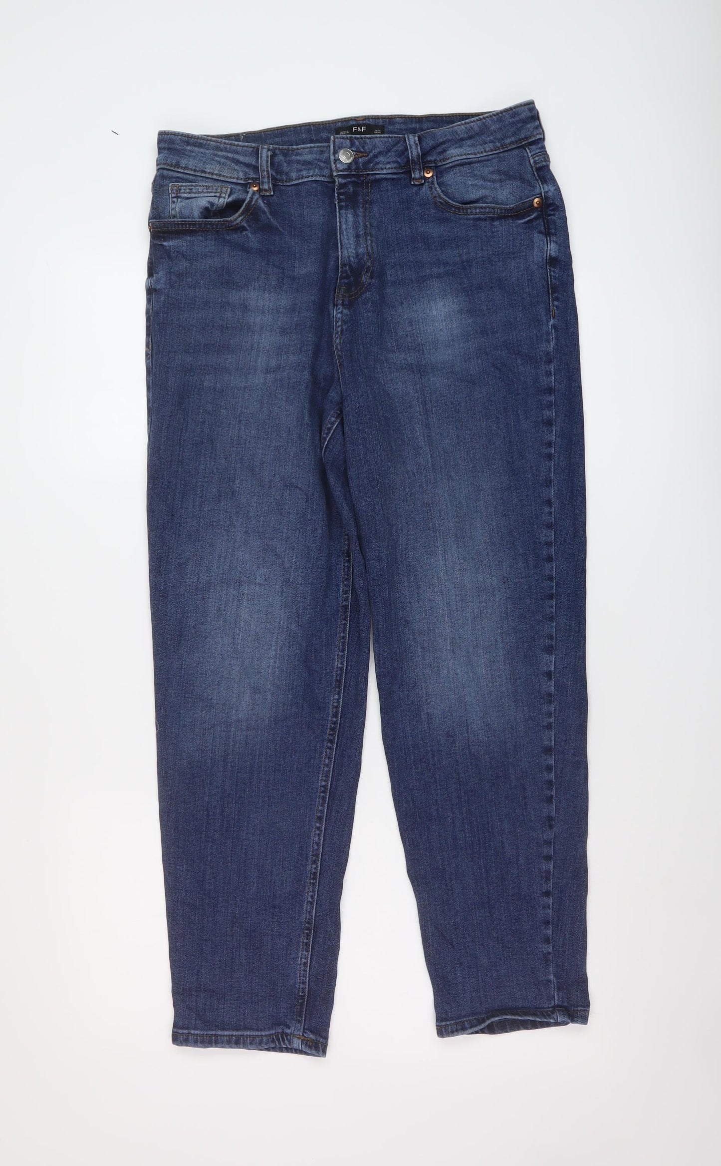 F&F Womens Blue Cotton Straight Jeans Size 14 L27 in Regular Button