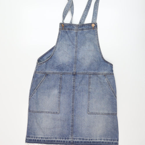 Matalan Womens Blue Cotton Pinafore/Dungaree Dress Size 10 Square Neck Button