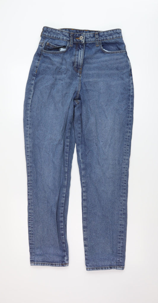 Front view of Collusion women’s blue cotton mom jeans, size UK 28, in, 29-inch leg regular button