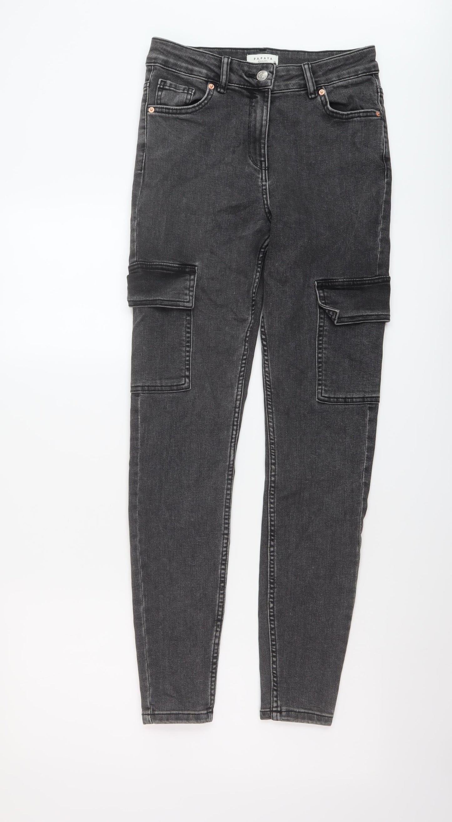 Papaya Womens Grey Cotton Skinny Jeans Size 12 L29 in Regular Button