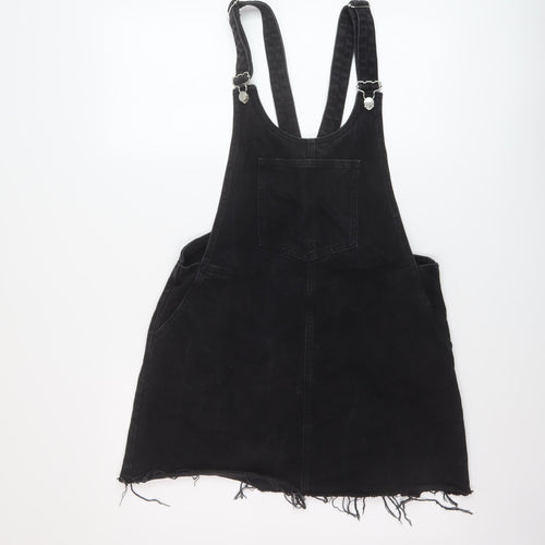 Zara Womens Black Cotton Pinafore/Dungaree Dress Size M Square Neck Button