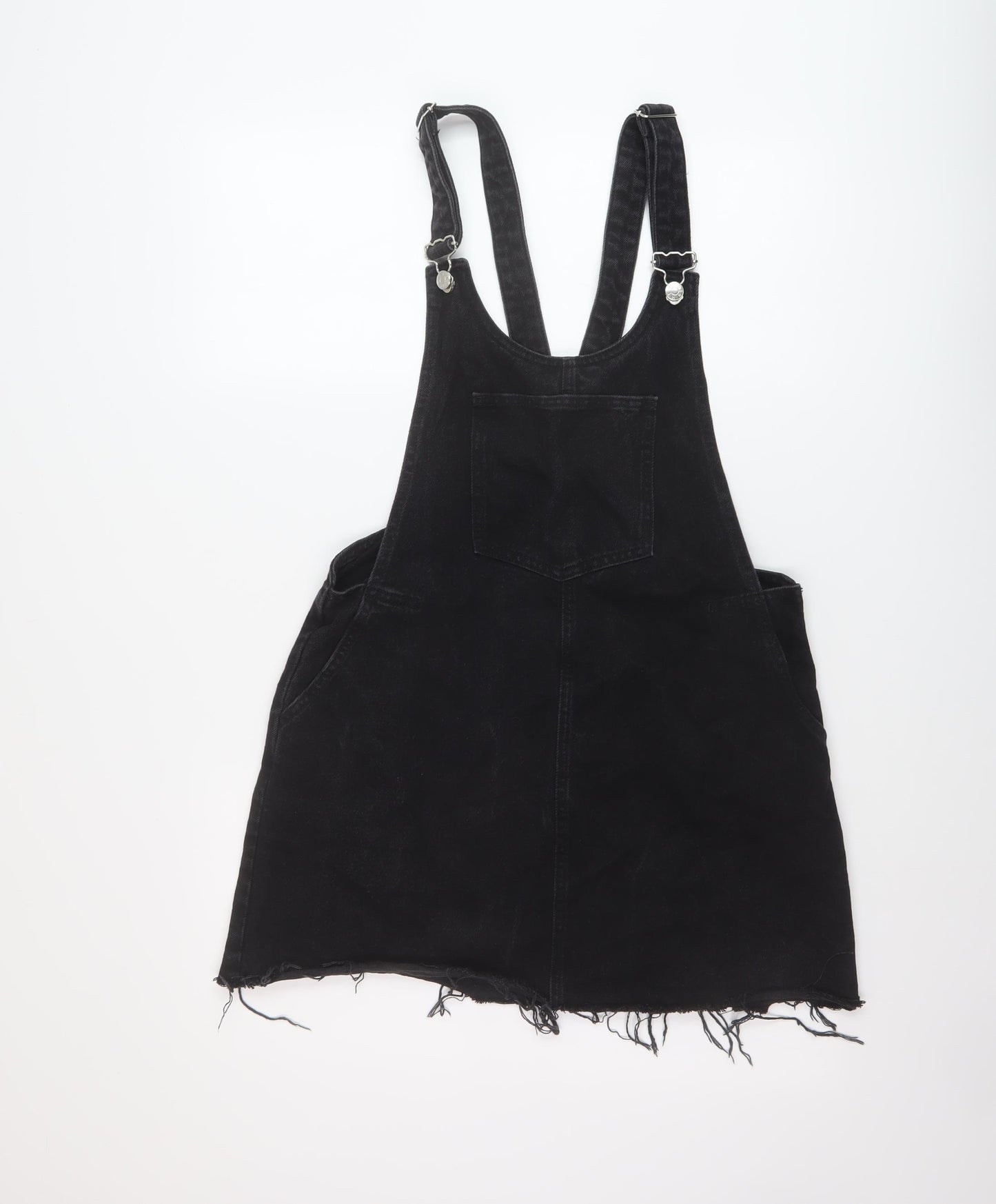 Zara Womens Black Cotton Pinafore/Dungaree Dress Size M Square Neck Button