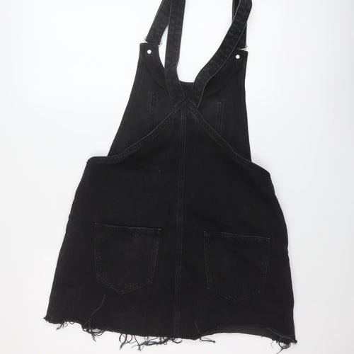 Zara Womens Black Cotton Pinafore/Dungaree Dress Size M Square Neck Button