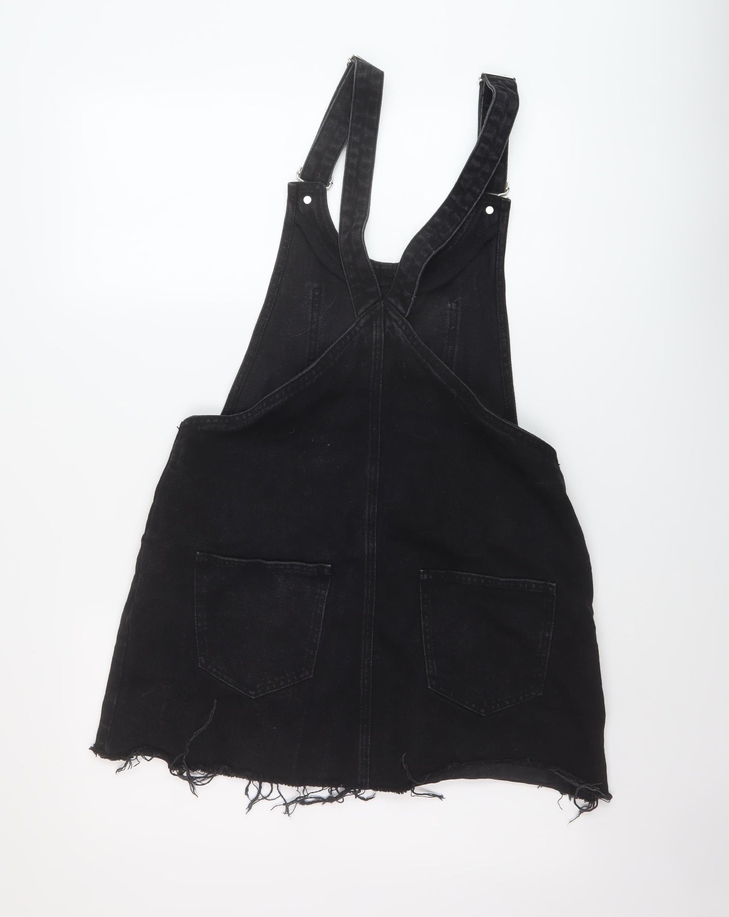 Zara Womens Black Cotton Pinafore/Dungaree Dress Size M Square Neck Button