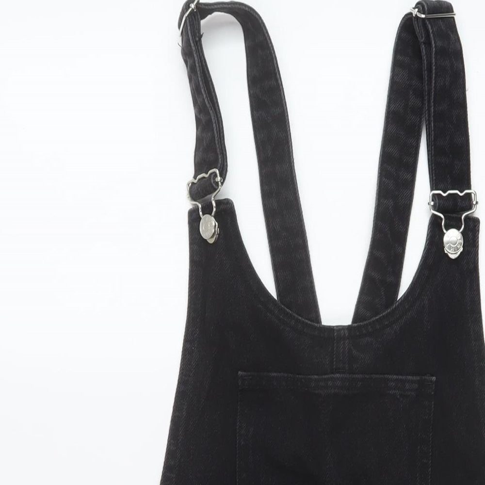 Zara Womens Black Cotton Pinafore/Dungaree Dress Size M Square Neck Button