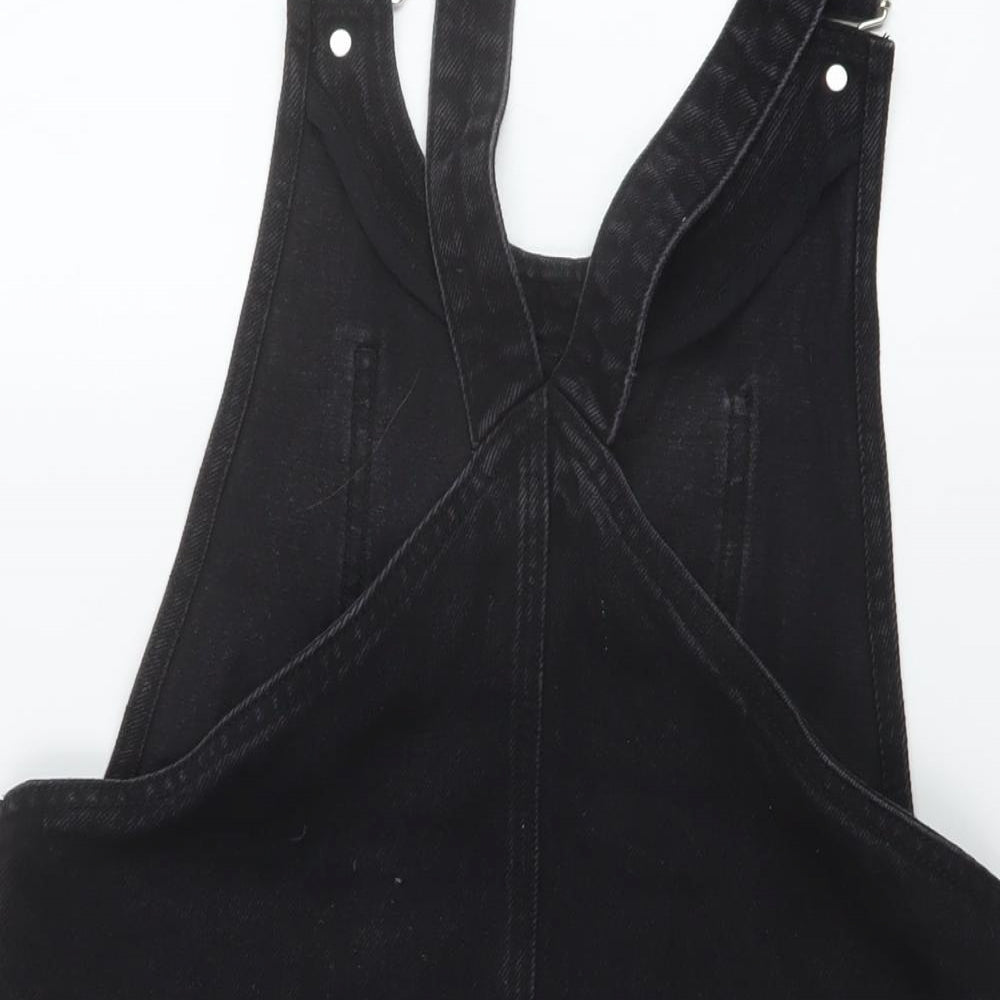 Zara Womens Black Cotton Pinafore/Dungaree Dress Size M Square Neck Button
