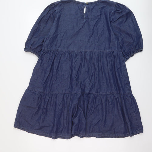 Boohoo Womens Blue Cotton A-Line Size 14 Round Neck Button