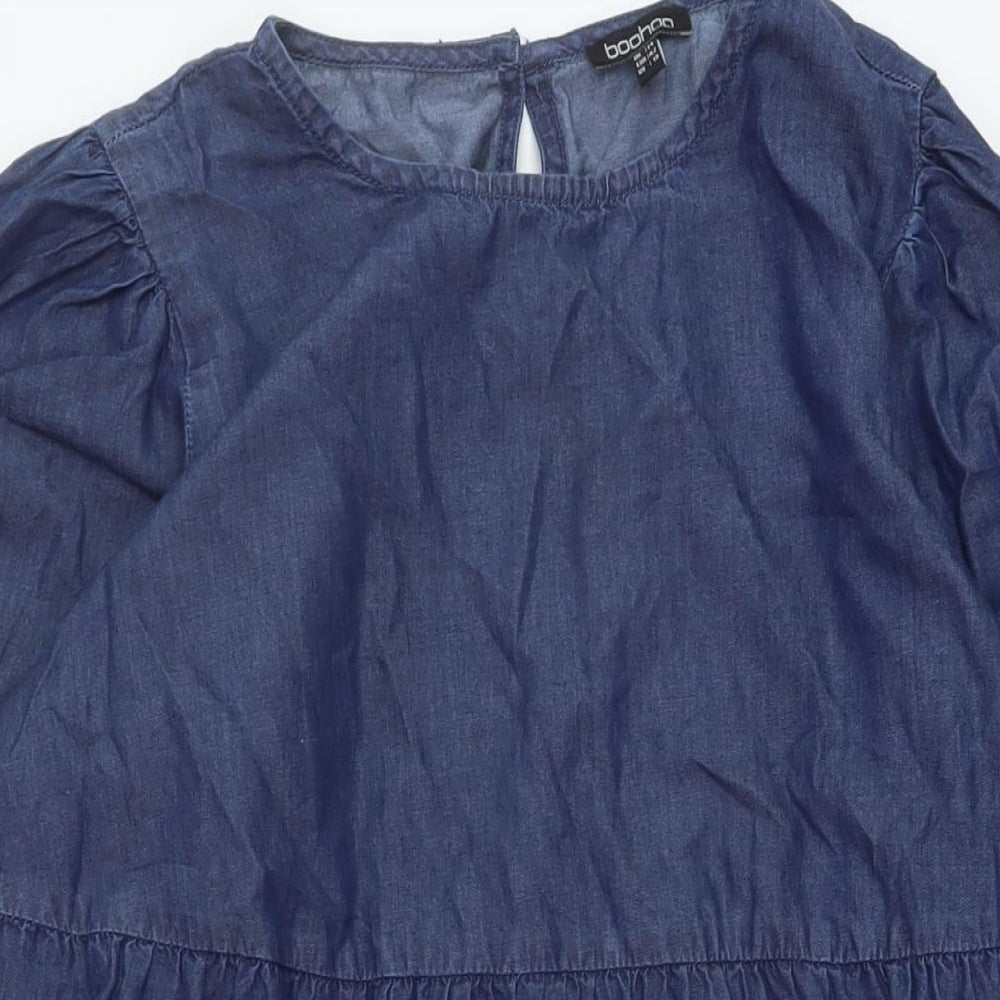 Boohoo Womens Blue Cotton A-Line Size 14 Round Neck Button