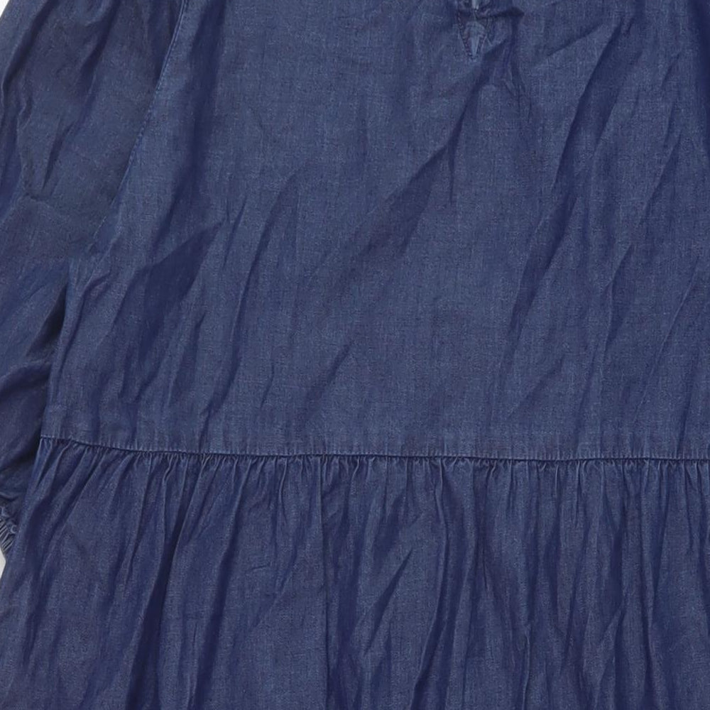 Boohoo Womens Blue Cotton A-Line Size 14 Round Neck Button