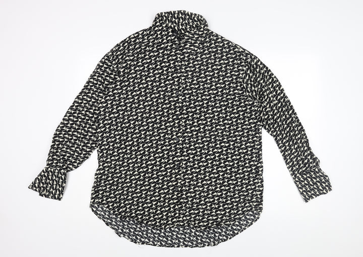 River Island Womens Black Geometric Viscose Basic Button-Up Size 10 Collared