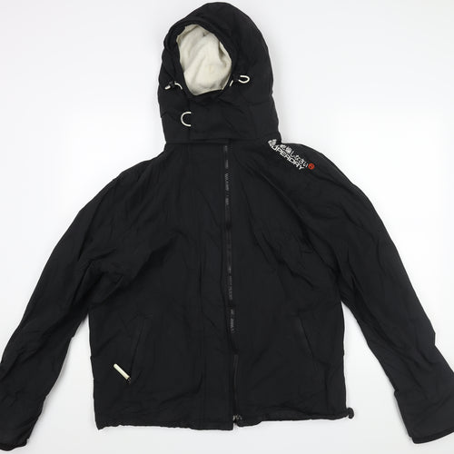 Superdry Mens Black Rain Coat Coat Size XL Zip - Logo Drawstring Fleece Lined