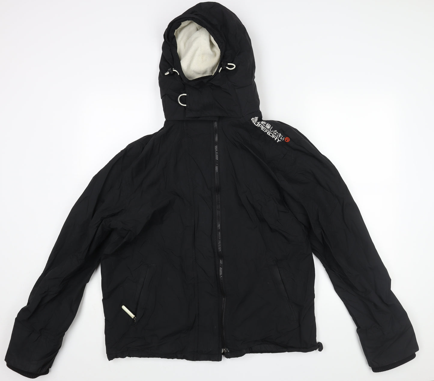 Superdry Mens Black Rain Coat Coat Size XL Zip - Logo Drawstring Fleece Lined
