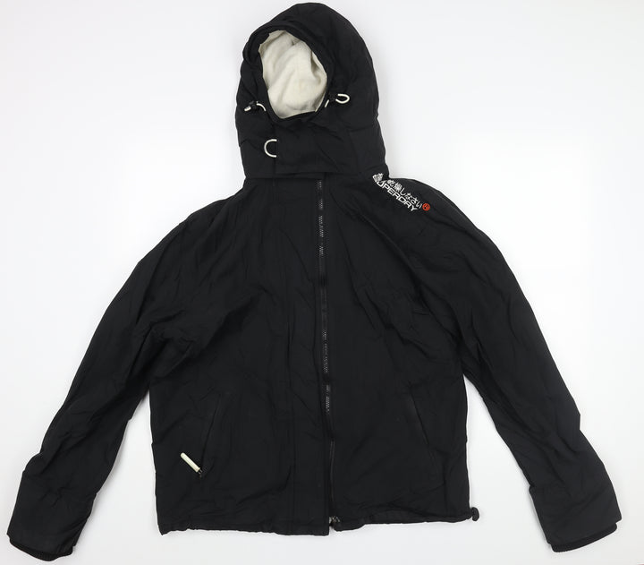 Superdry Mens Black Rain Coat Coat Size XL Zip - Logo Drawstring Fleece Lined
