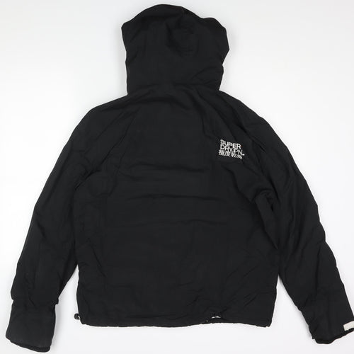 Superdry Mens Black Rain Coat Coat Size XL Zip - Logo Drawstring Fleece Lined