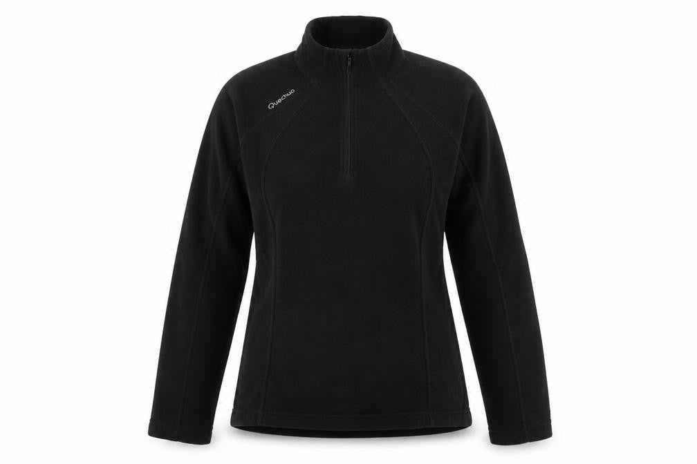 Front view of Quechua women’s black polyester pullover sweatshirt, size L, zip - logo