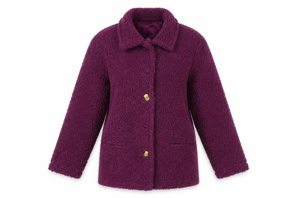 Front view of Damart women’s purple pea coat coat, size UK 10, button -, size UK 10-12