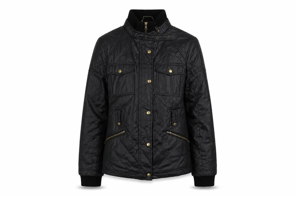 Front view of Marks & Spencer women’s black quilted jacket, size UK 12, zip - pockets buckle