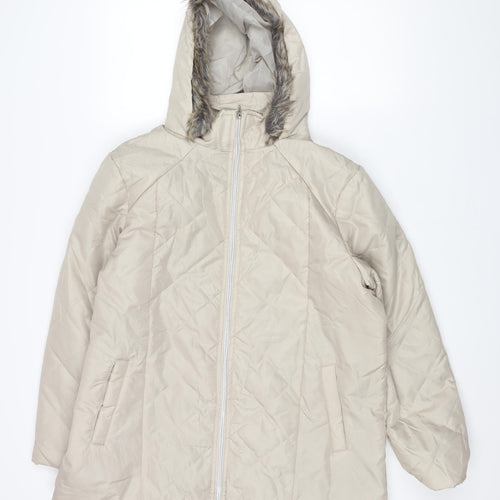 Anne De Lancay Womens Beige Parka Coat Size M Zip - Faux Fur Hood