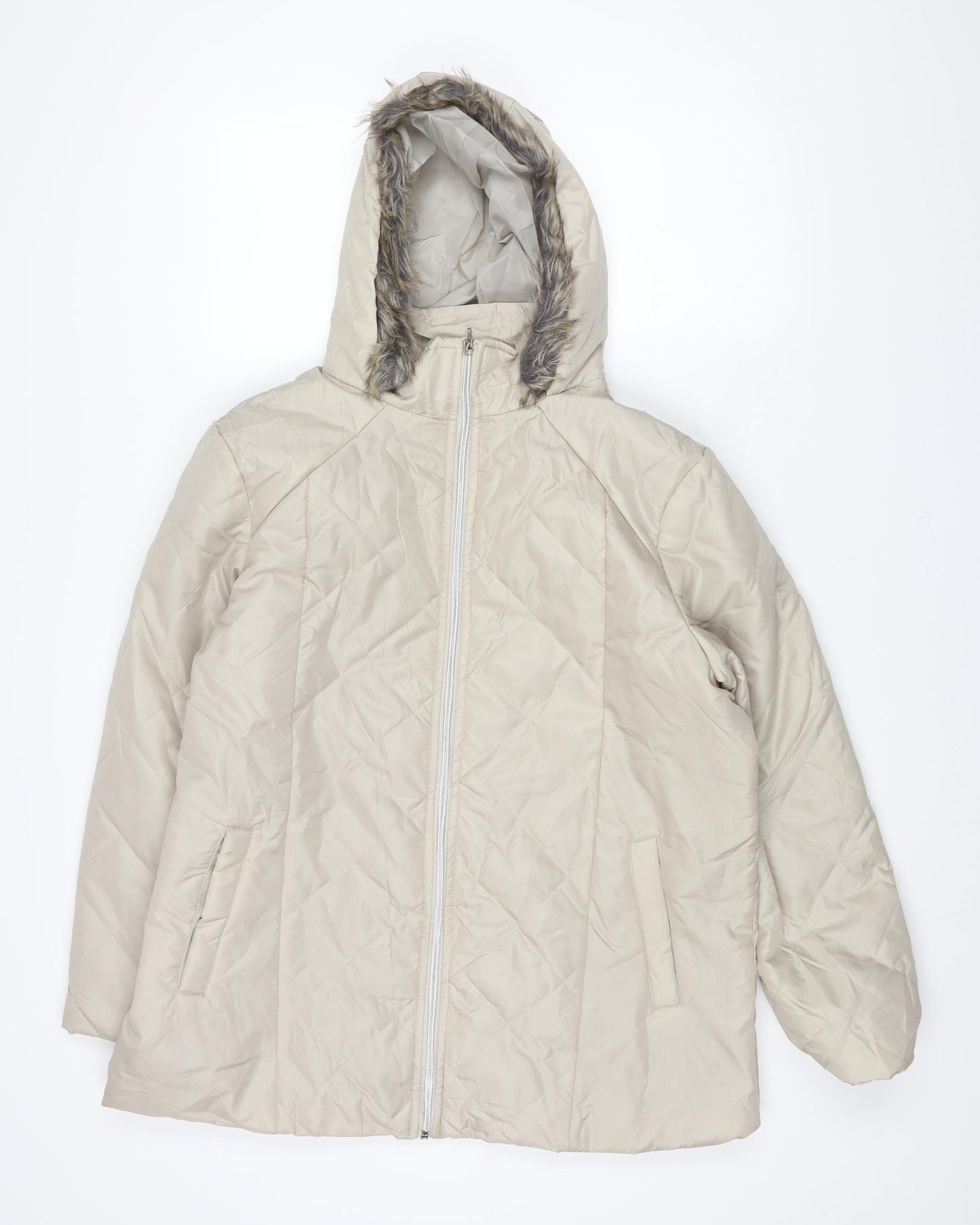 Anne De Lancay Womens Beige Parka Coat Size M Zip - Faux Fur Hood