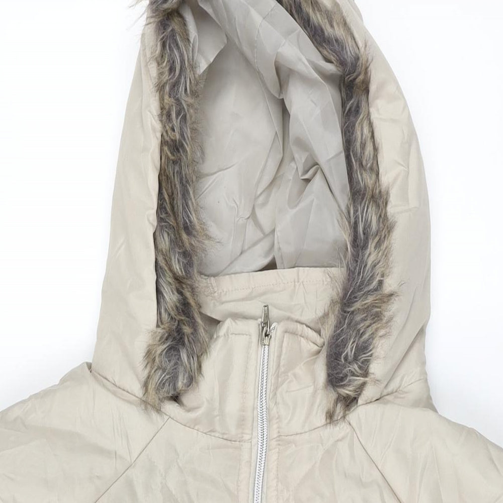 Anne De Lancay Womens Beige Parka Coat Size M Zip - Faux Fur Hood