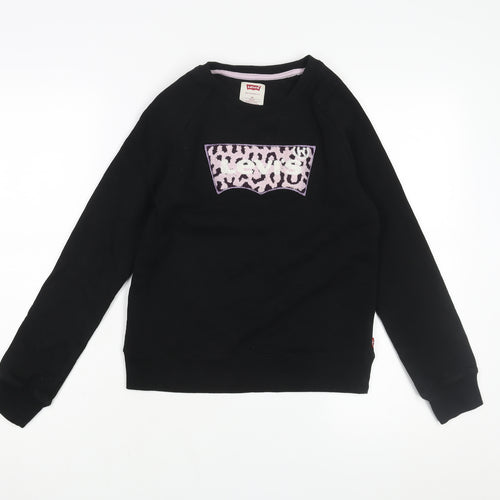 Levi's Girls Black Cotton Pullover Sweatshirt Size 12 Years Pullover - Leopard Print Textured Logo