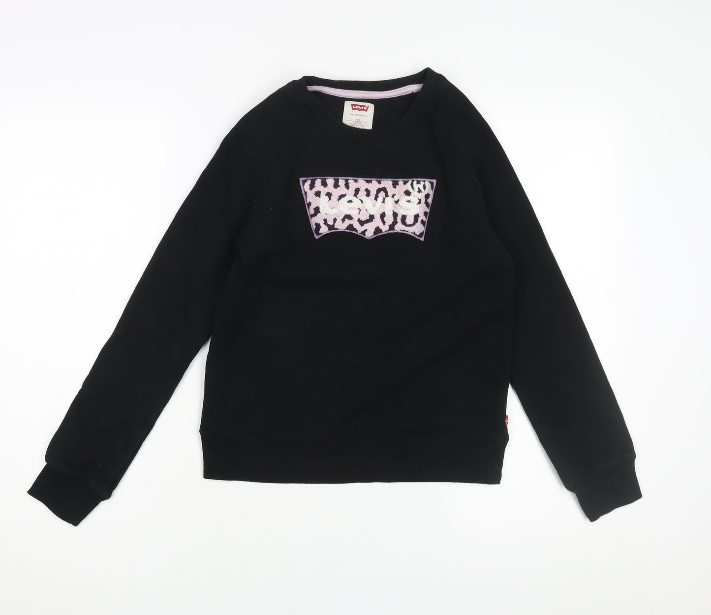 Levi's Girls Black Cotton Pullover Sweatshirt Size 12 Years Pullover - Leopard Print Textured Logo