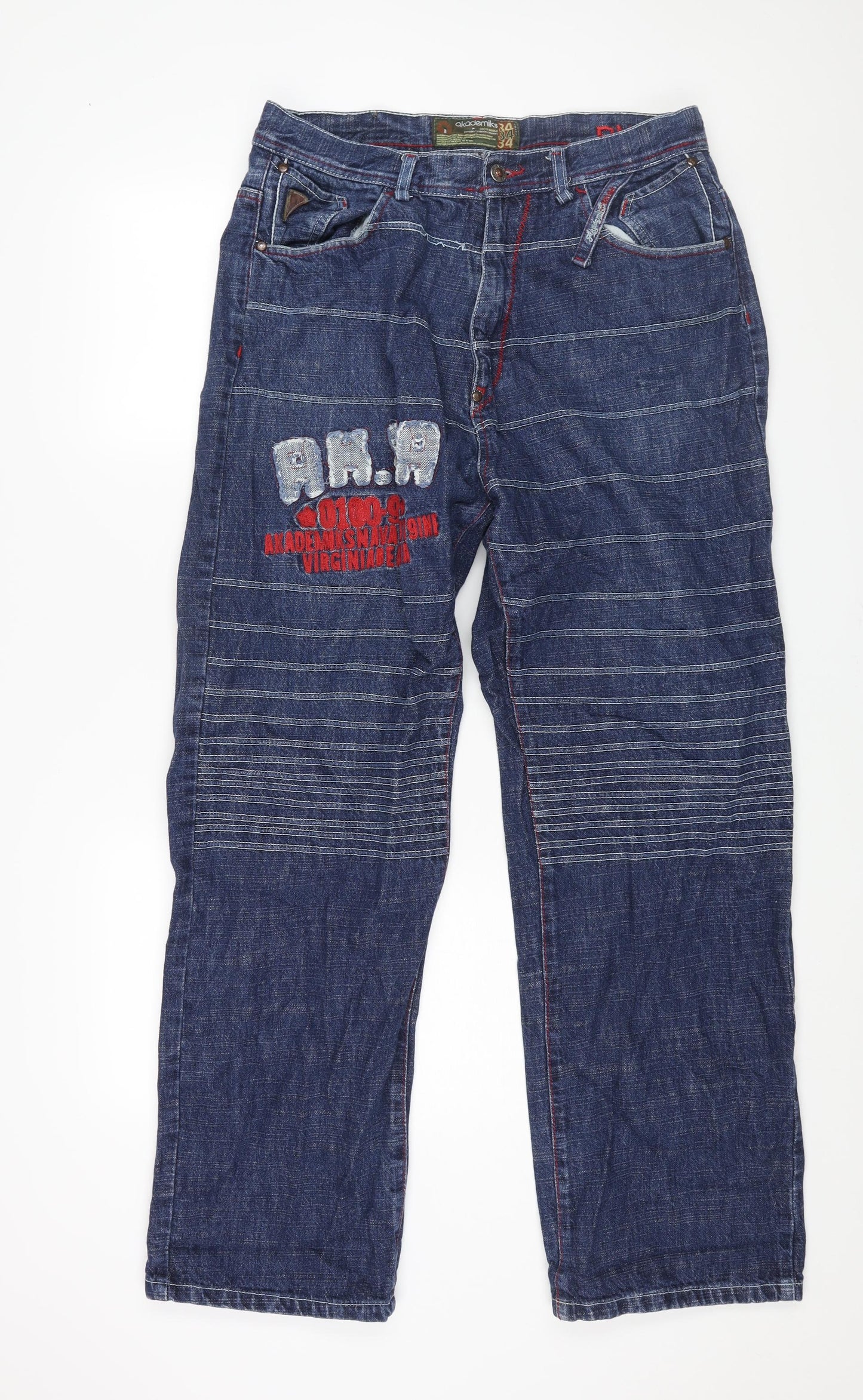 Akademiks Mens Blue Cotton Straight Jeans Size 34 in L31 in Regular Zip - Embroidered Detail Logo