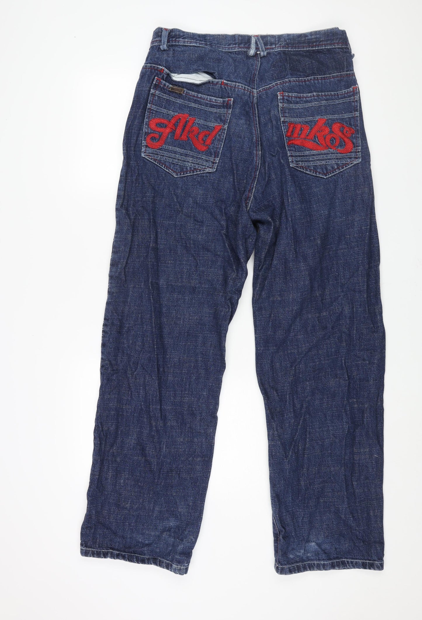Akademiks Mens Blue Cotton Straight Jeans Size 34 in L31 in Regular Zip - Embroidered Detail Logo