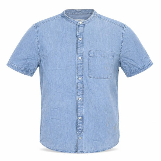 Front view of Next men’s blue cotton button-up, size S, round neck button