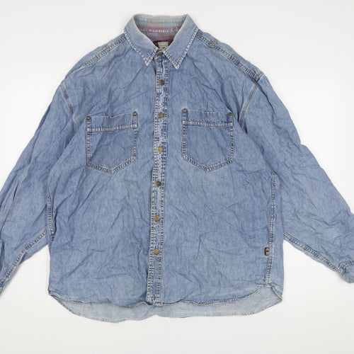 Authentic Blues Mens Blue Cotton Button-Up Size L Collared Button