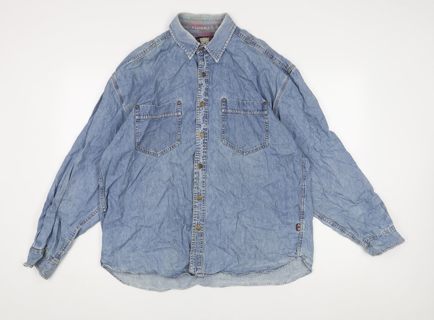 Authentic Blues Mens Blue Cotton Button-Up Size L Collared Button