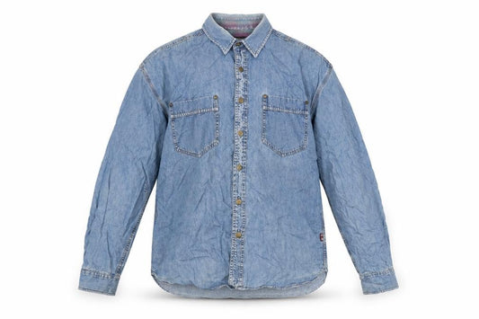 Front view of Authentic men’s blue cotton button-up, size L, collared button