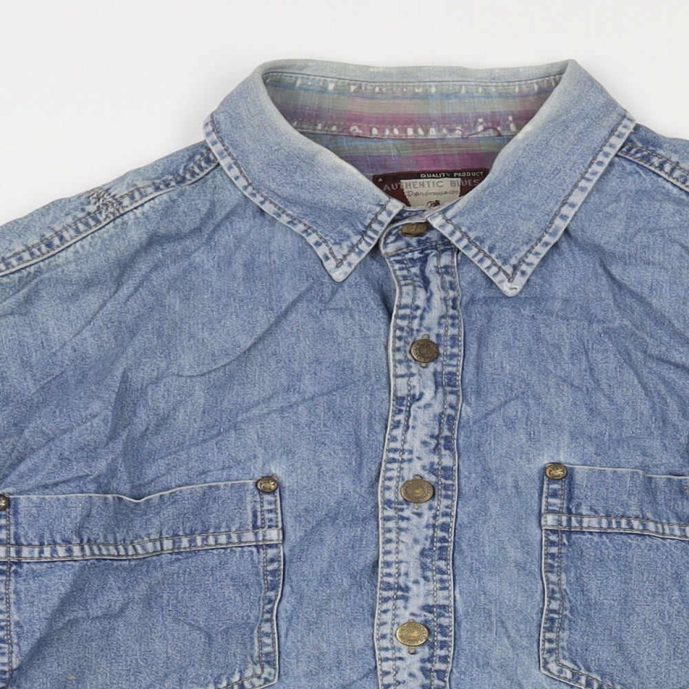 Authentic Blues Mens Blue Cotton Button-Up Size L Collared Button