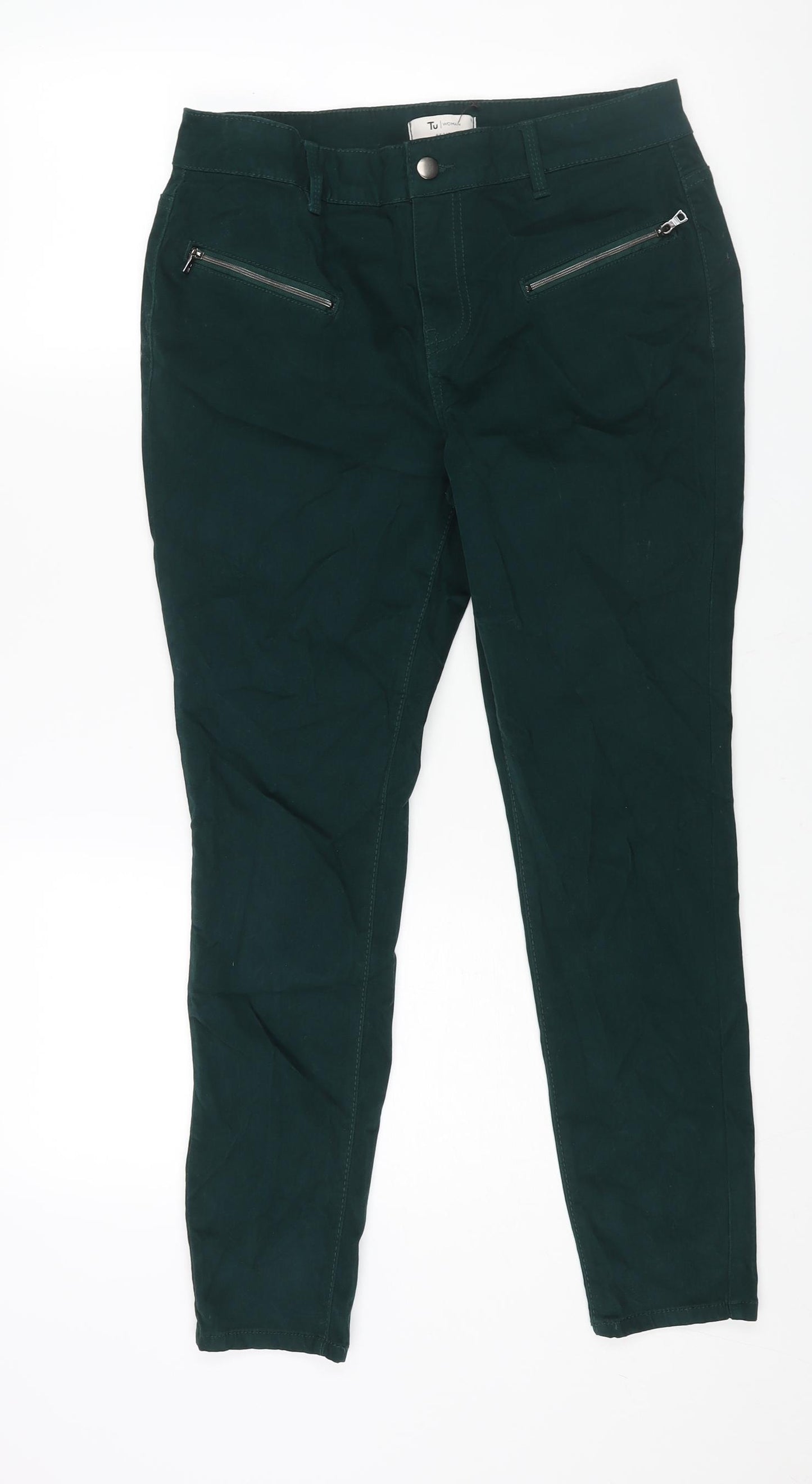 TU Womens Green Cotton Trousers Size 12 L27 in Regular Zip