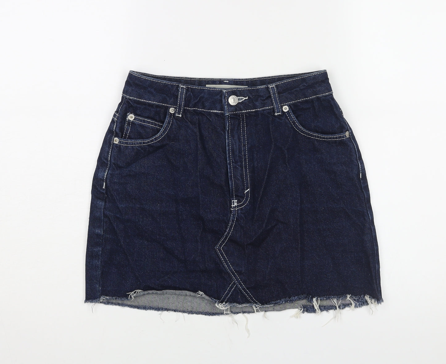 Topshop Womens Blue Cotton A-Line Skirt Size 8 Zip - Raw Hem