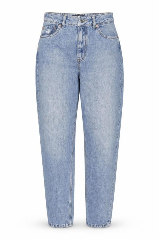 Front view of ASOS women’s blue cotton mom jeans, size UK 26, in, 32-inch leg regular zip